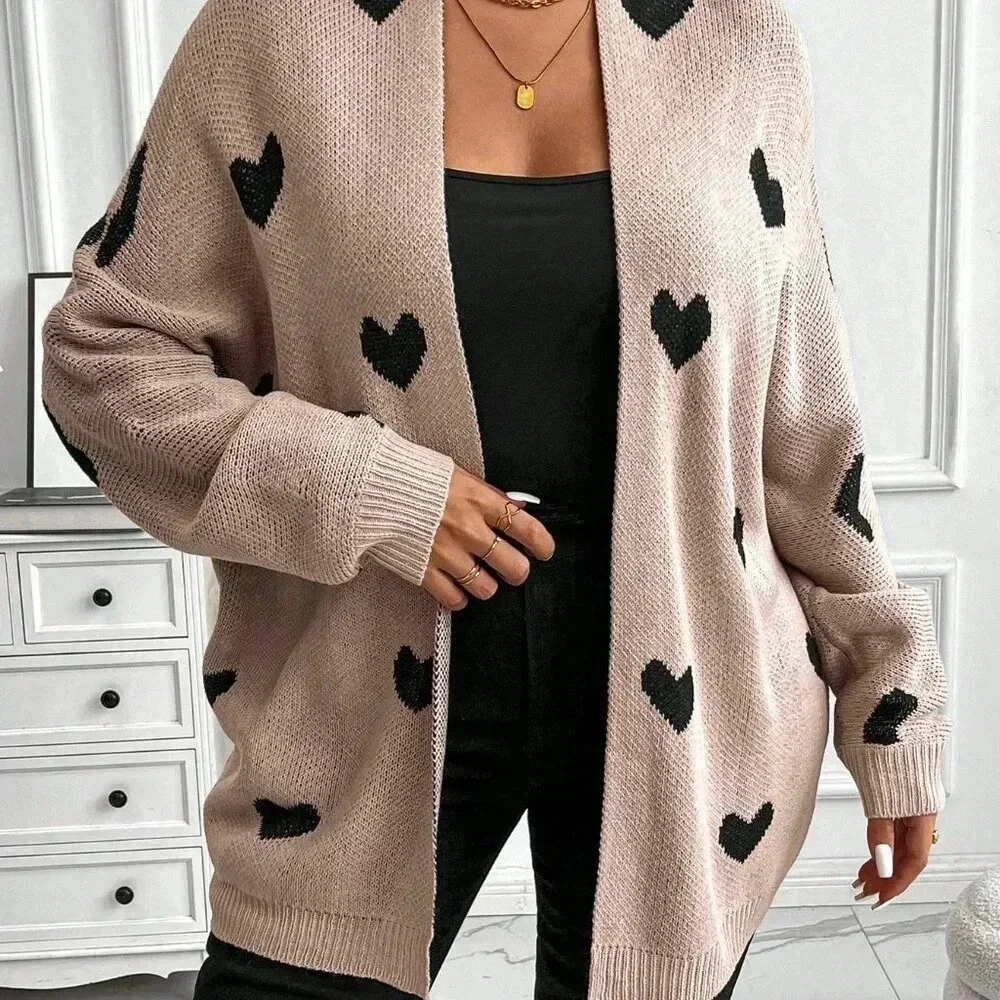 Coffee Brown Casual Women's Plus Size Heart Print Knitted Loose Cardigan